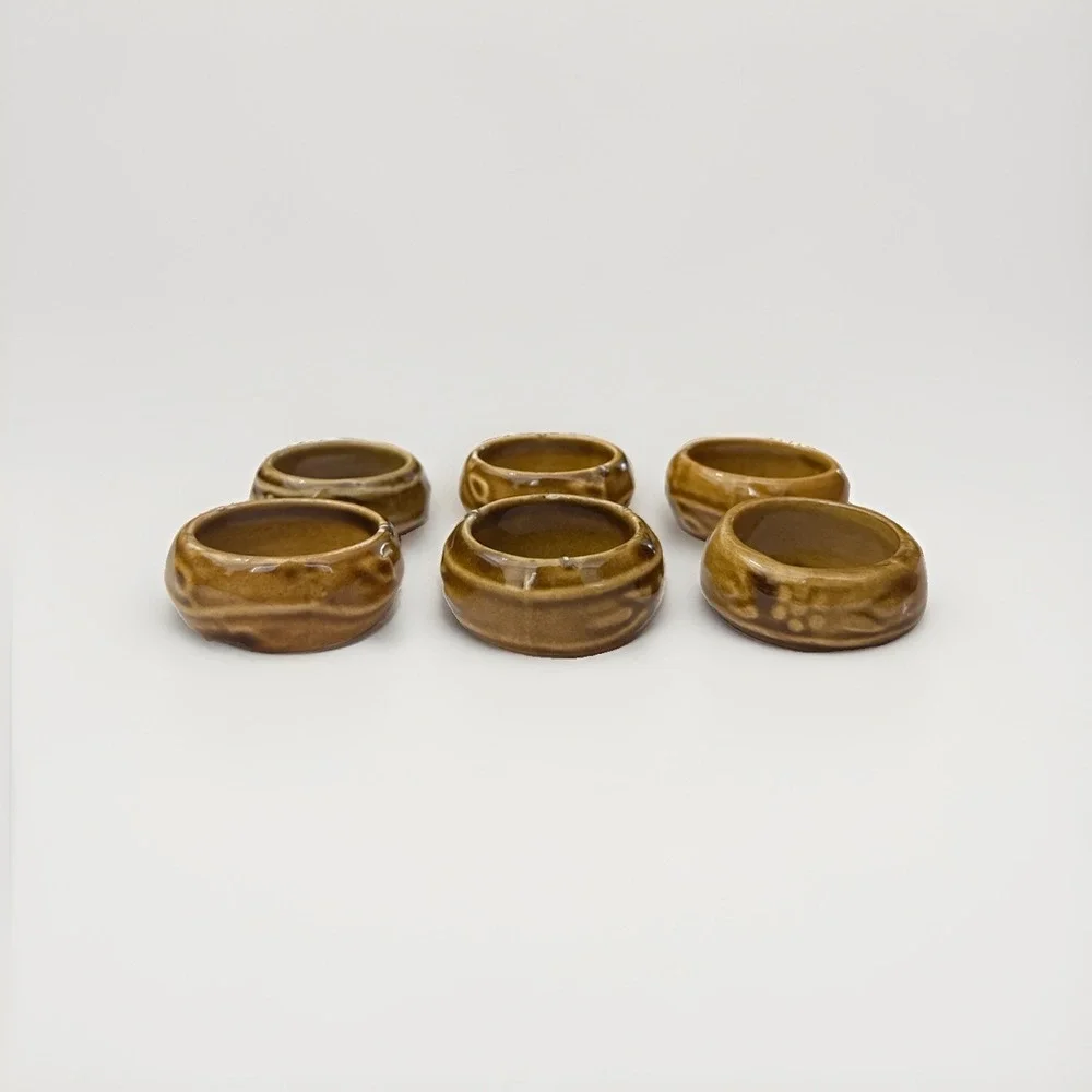 Set of 6 Vintage Ceramic Napkin Holders Pottery Brown Yellow Glaze